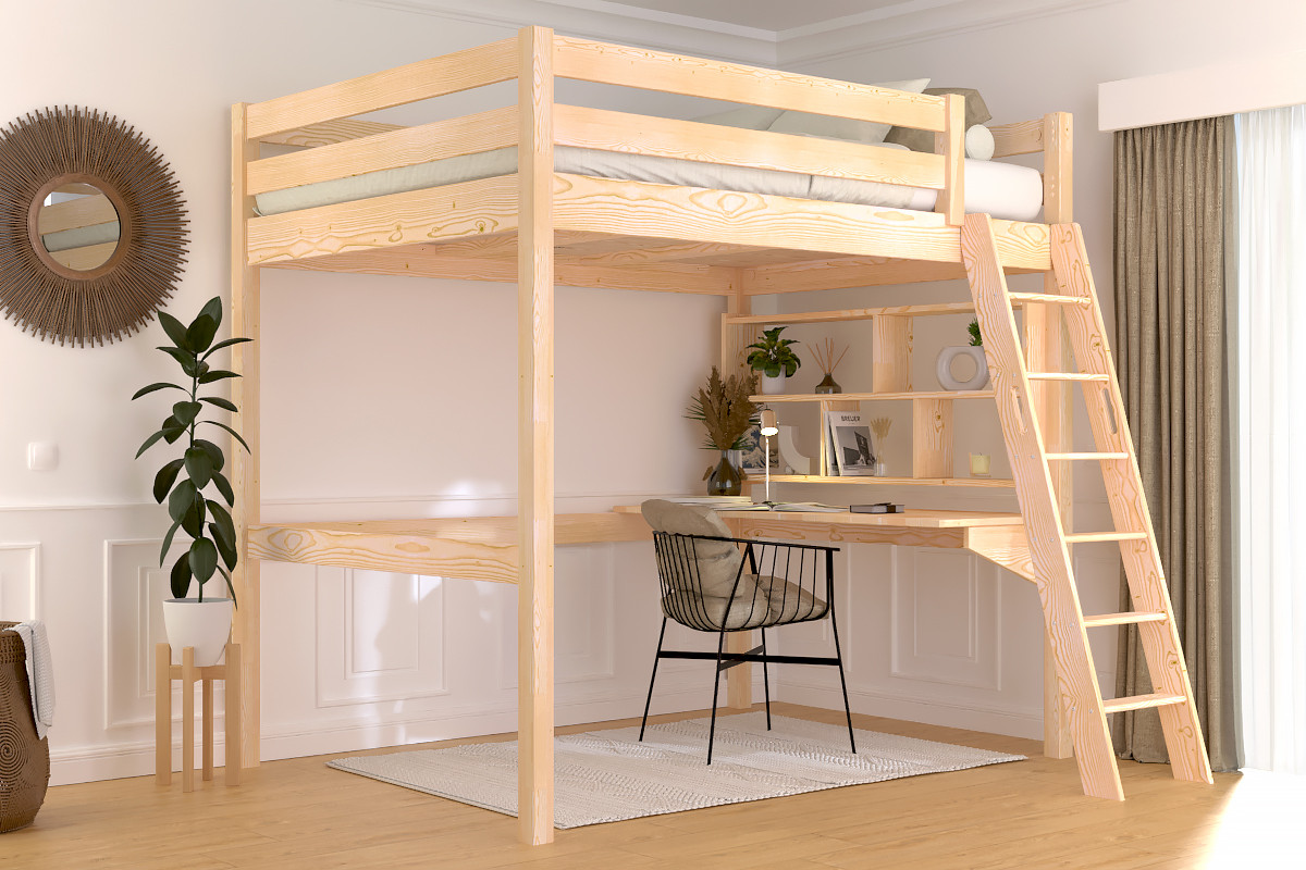 Lit Mezzanine En Bois Beige - 2 Places (160x200) Avec Espace Pour Second Lit 90x200