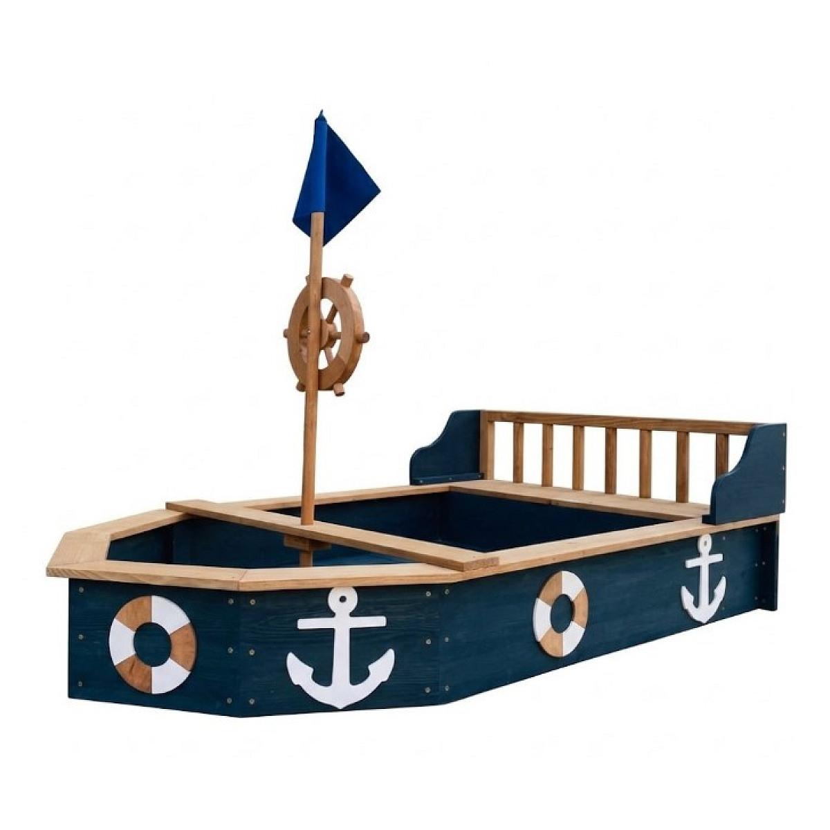 Bac à sable en bois en forme de bateau pirate avec auvent et rangement