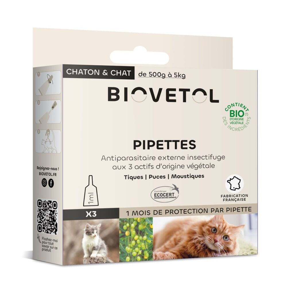 Biovetol - Etui 3 pipettes antiparasitaires chaton et chat Bio 1ml