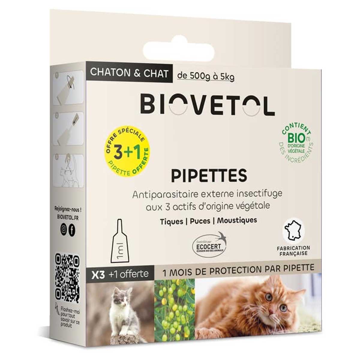 Biovetol - Pipettes Antiparasitaires Chaton et Chat Bio - 3+1 Offerte