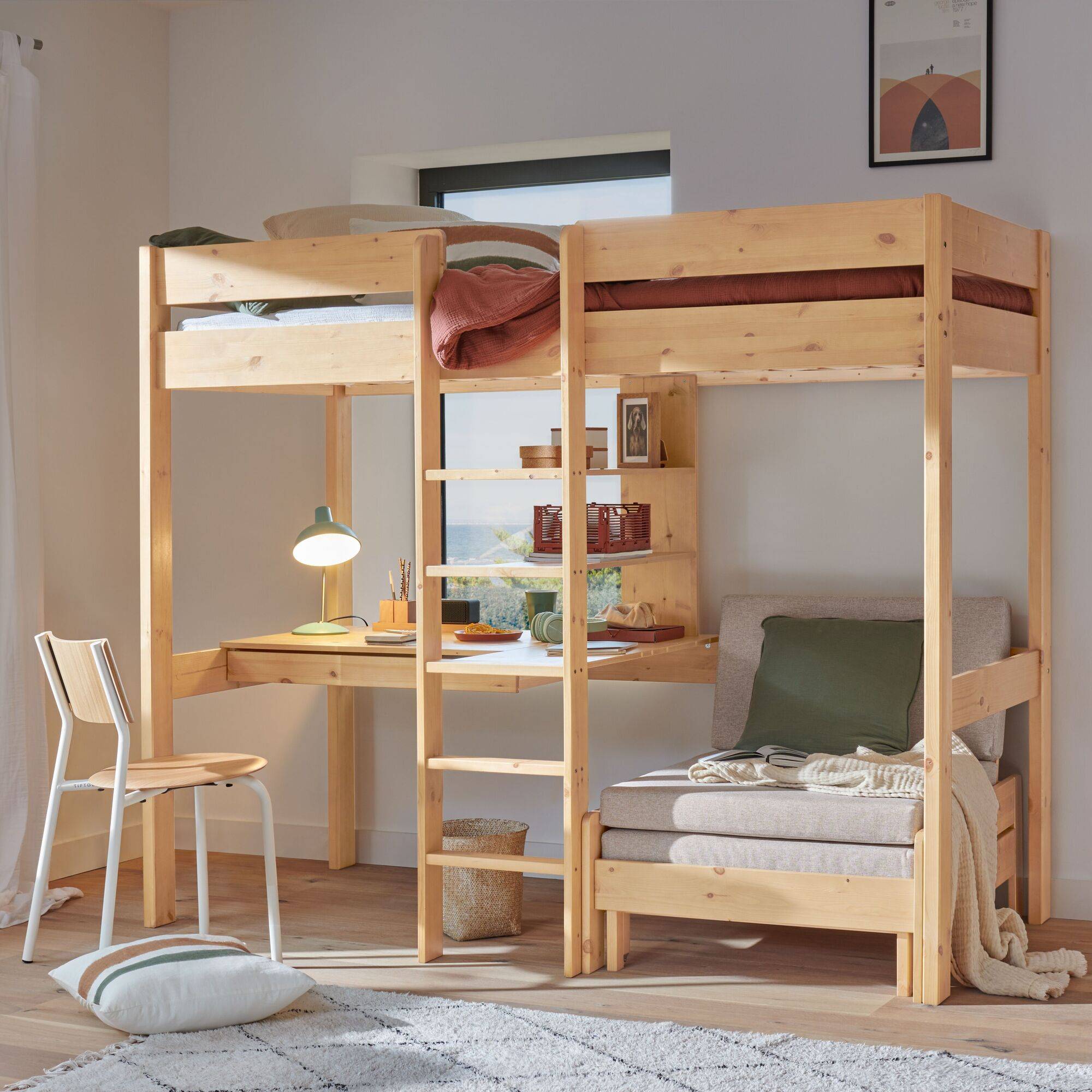 Camif Lit mezzanine + fauteuil extensible bois massif Tim | Greenweez