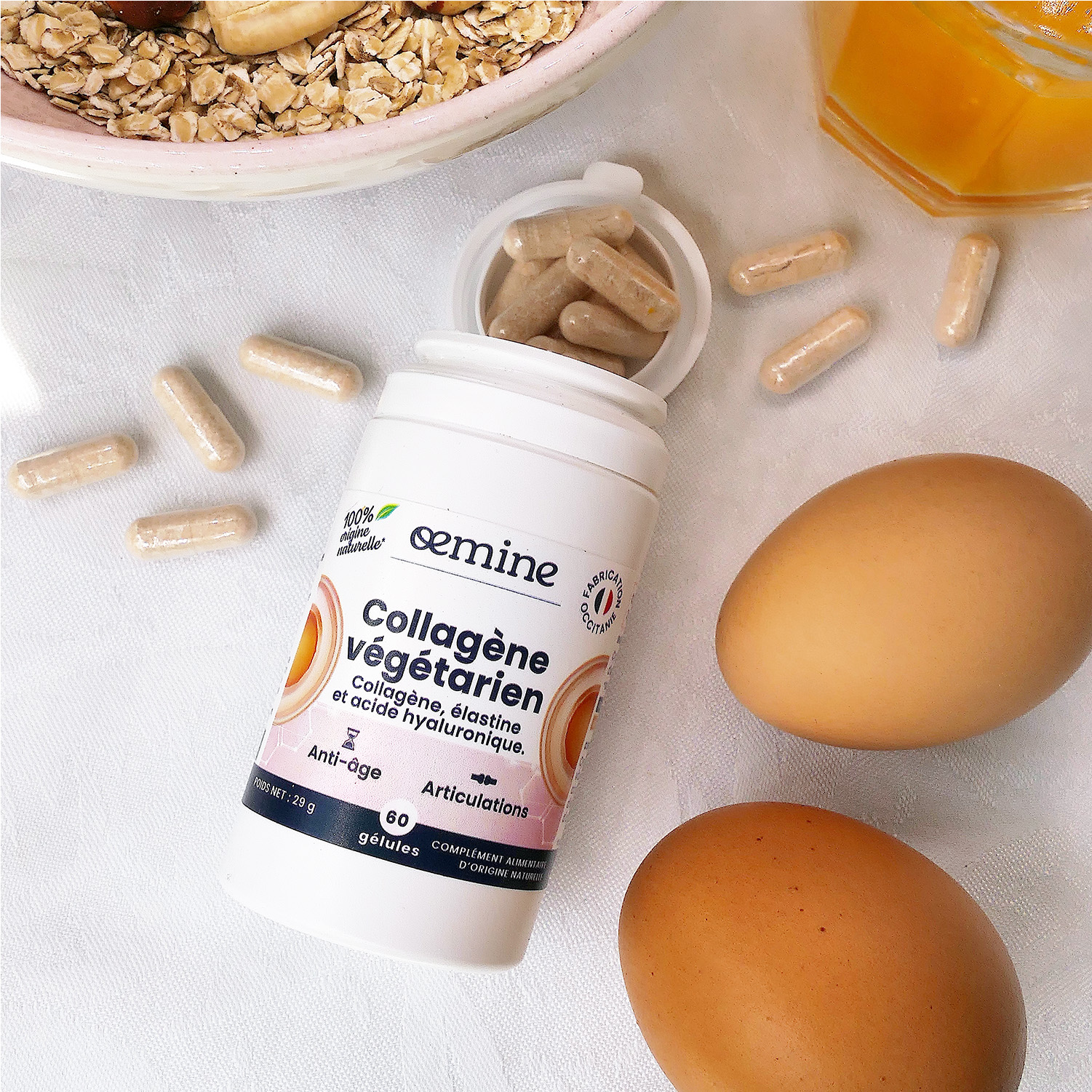 Complément Alimentaire Collagène Vegan & Acide Hyaluronique - 180 Gélules, Peau, Os, Articulations