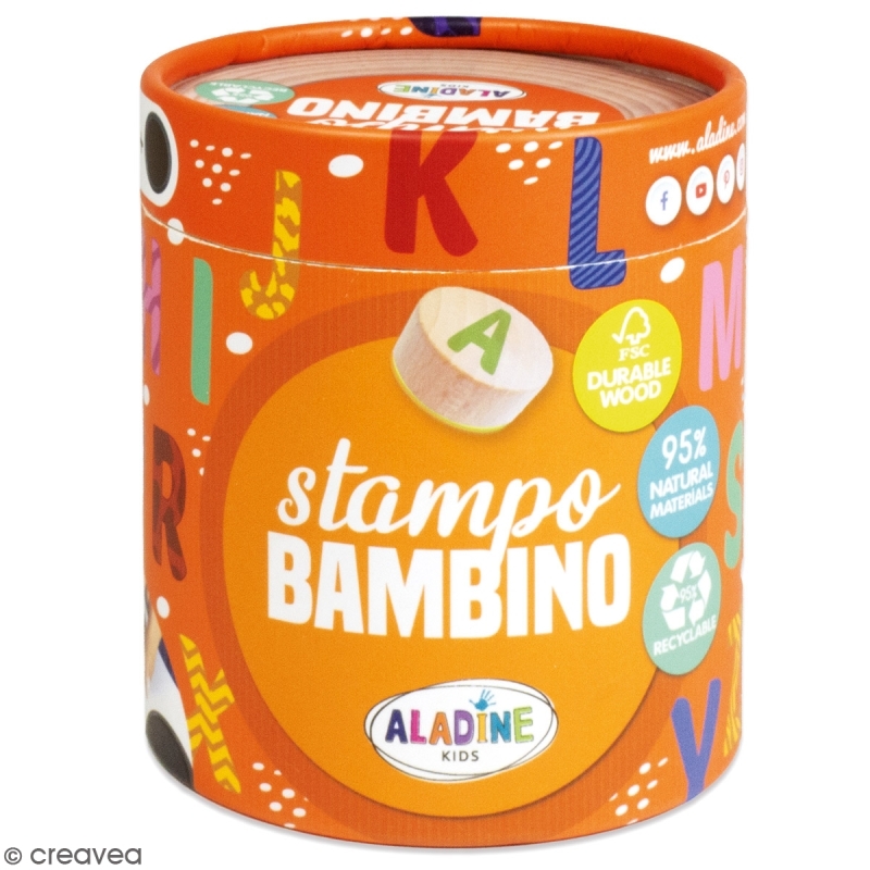 Aladine STAMPO Bambino Alphabet - 28 Tampons Lettres Bois FSC + Encreur Noir Géant - Loisirs Créatifs Dès 3 Ans