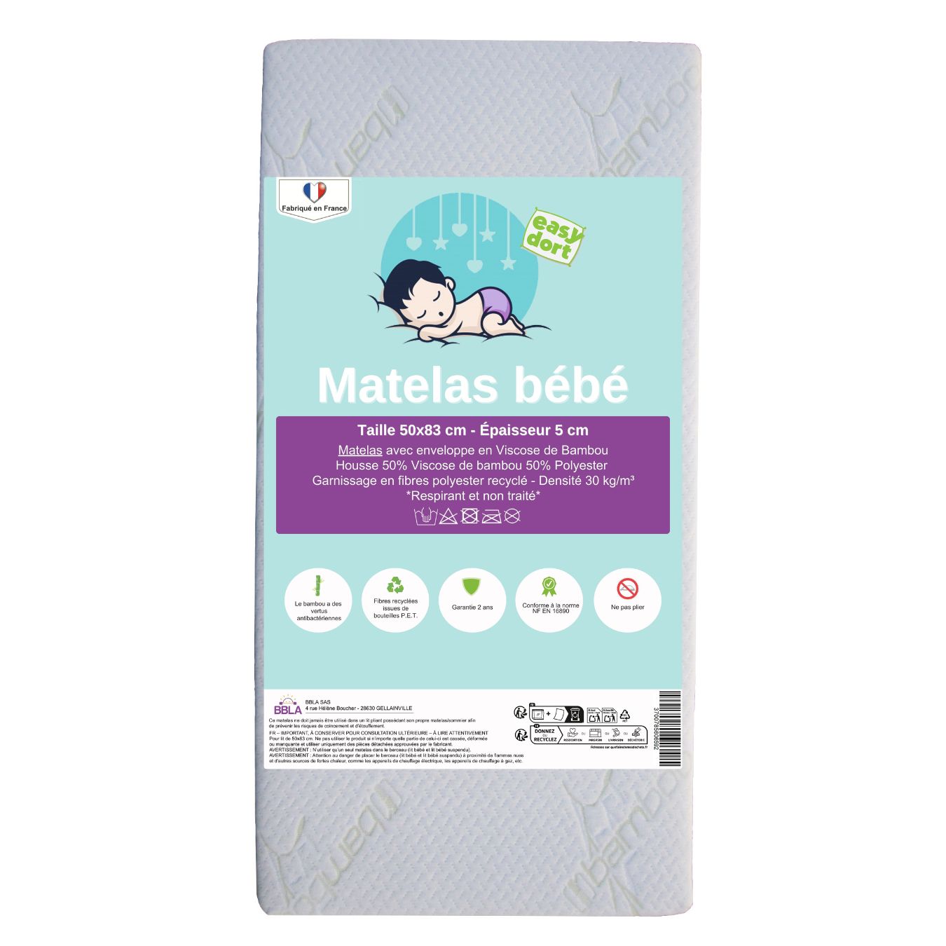 Kadolis Matelas Berceau Aloe R 50x83x5 Cm - Mousse Confort Avec Housse Amovible Lavable Certifiée OEKO-TEX