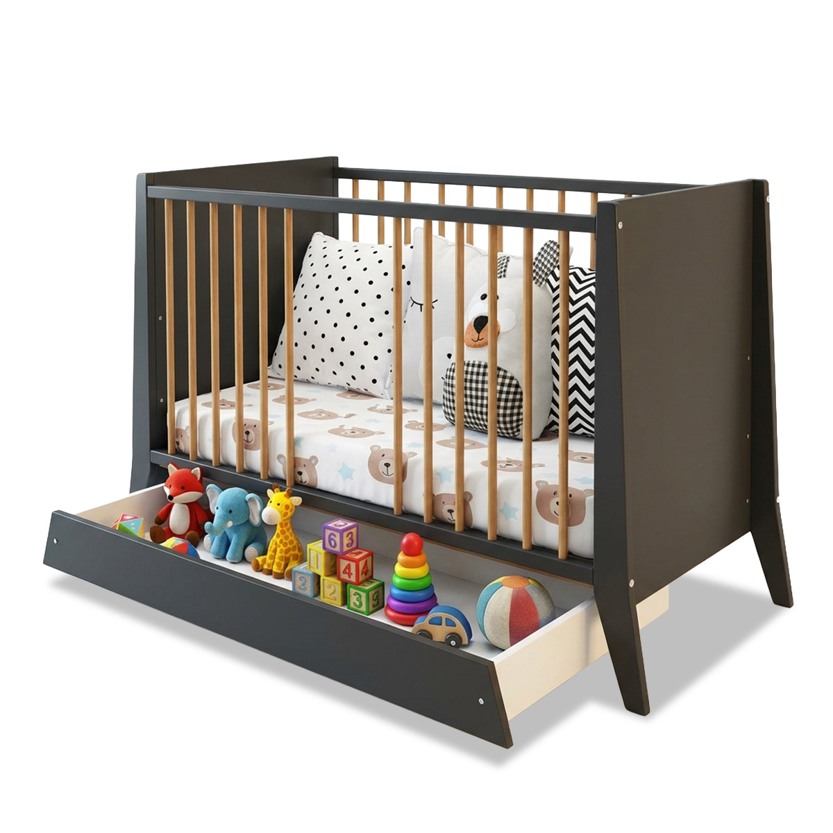 Lit Bébé 2 En 1 Timmi 60x120 Cm - Bois De Hêtre, Motif Cœur Ours, Avec Matelas Et Kit Transformation Canapé