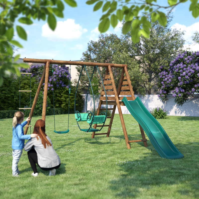 IDMarket Balançoire 3 Agrès Avec Toboggan - Portique 2 Balançoires + Face à Face Pour Jardin
