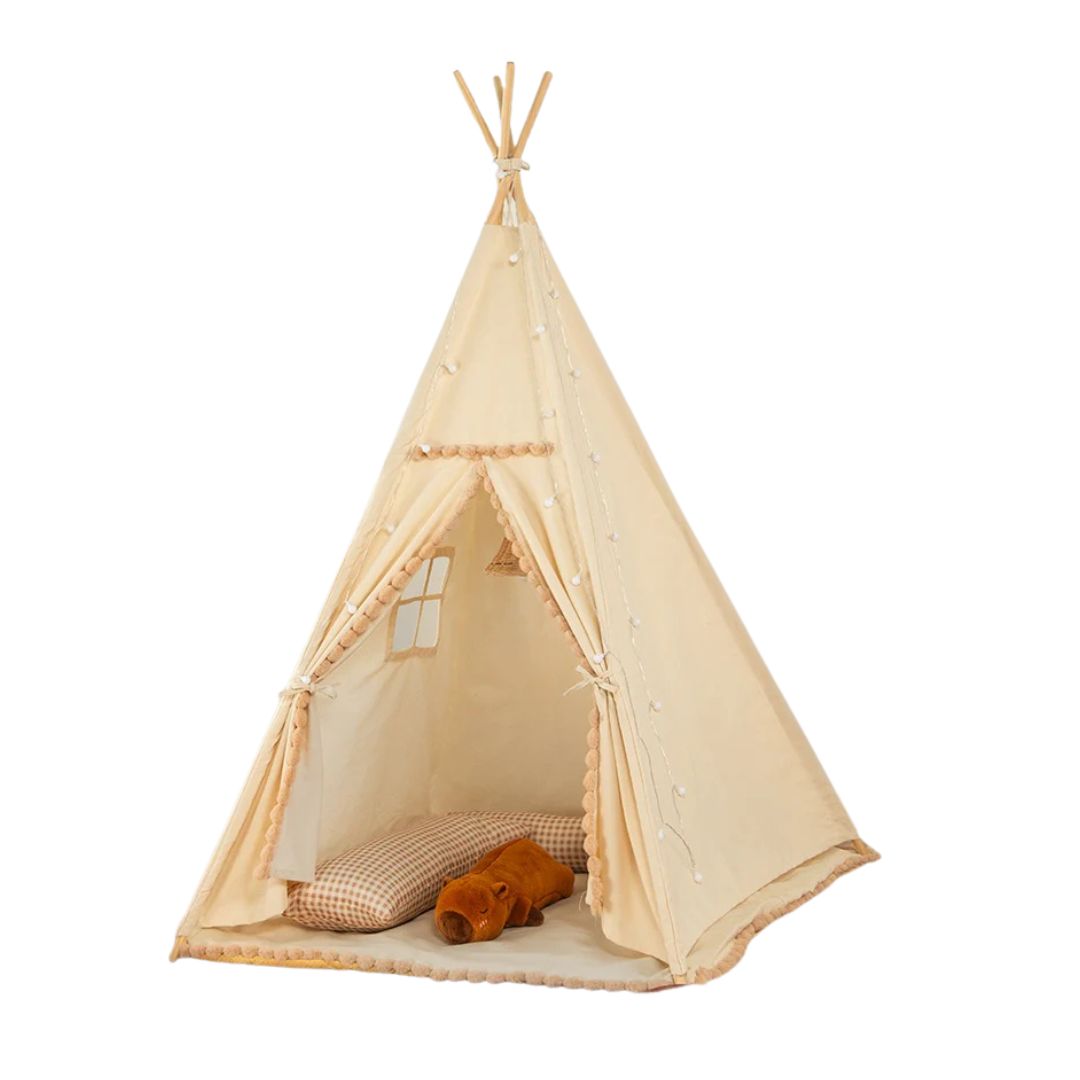 Tipi Enfant FREOSEN Avec Guirlande Lumineuse - 120x120x160cm - Coton Et Bois - Blanc